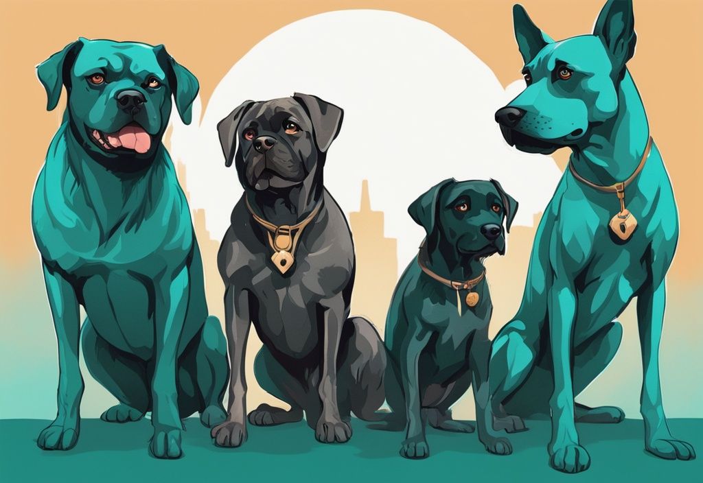 Illustration of intimidating dogs in ascending order with a teal theme, answering the question "what is the scariest dog" by showcasing the scariest dog at the top.