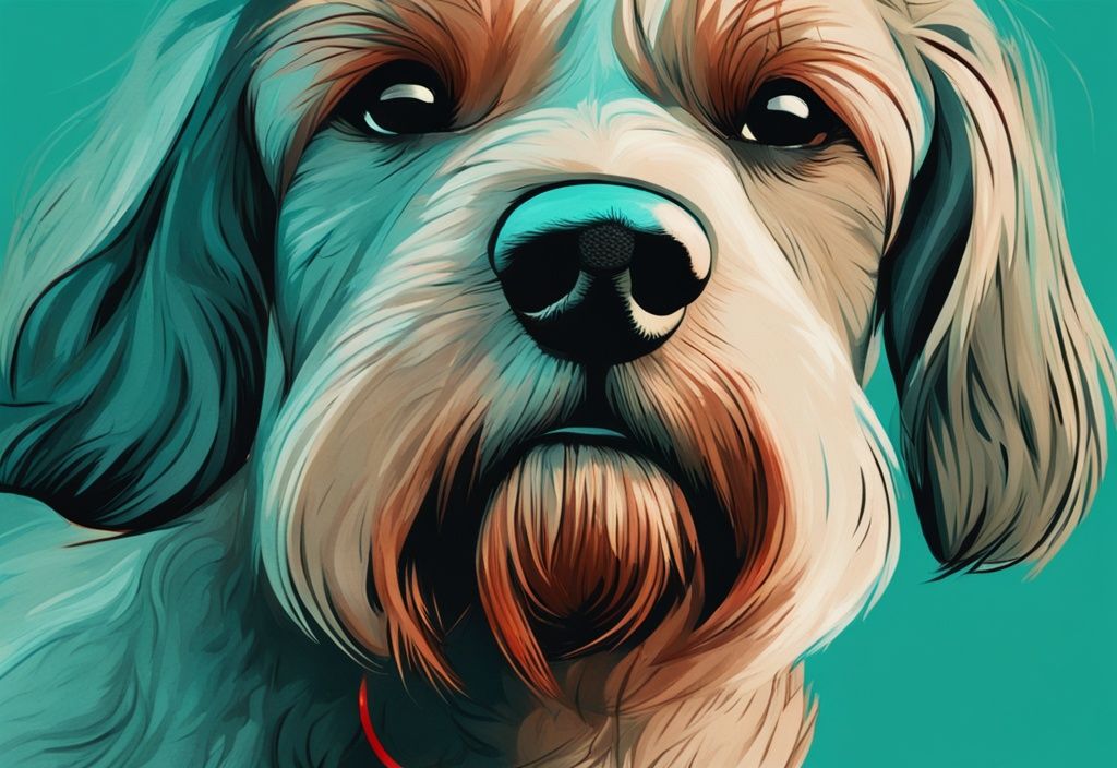 Digital painting of dog's fur with ringworm infection, teal theme, circular hair loss, red ring.