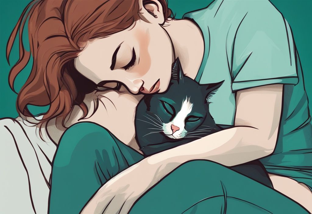 A modern digital painting of a teal-themed affectionate cat in its owner's lap, rubbing its head against her hand, illustrating the question: why is my cat being so affectionate.