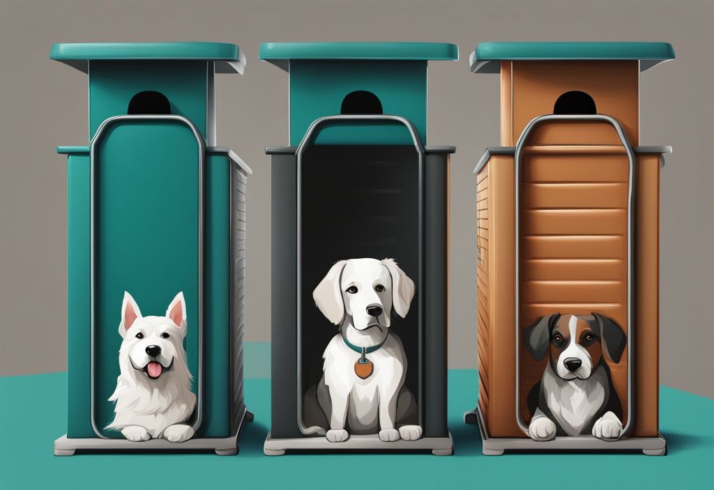 Modern digital painting of teal-themed dog house heaters, each with unique features in cozy, insulated dog houses for various breeds.