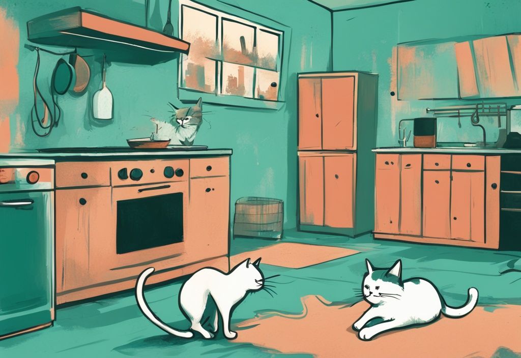 Digital painting of a distressed male cat meowing and marking spots in a teal-themed household setting.