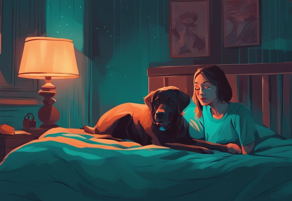 Teal-themed digital painting of a dog panting on a bed under a night light with a concerned owner watching.