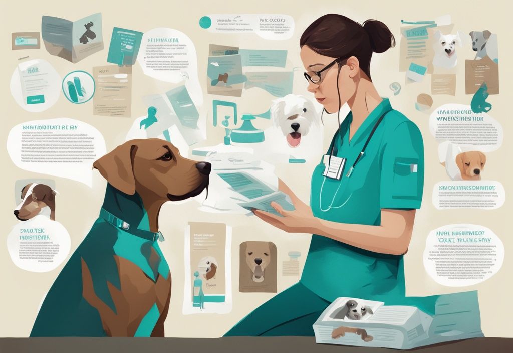 Modern digital painting of a concerned pet owner reading a veterinary brochure, highlighting signs your dog needs to be neutered, with a teal color theme.