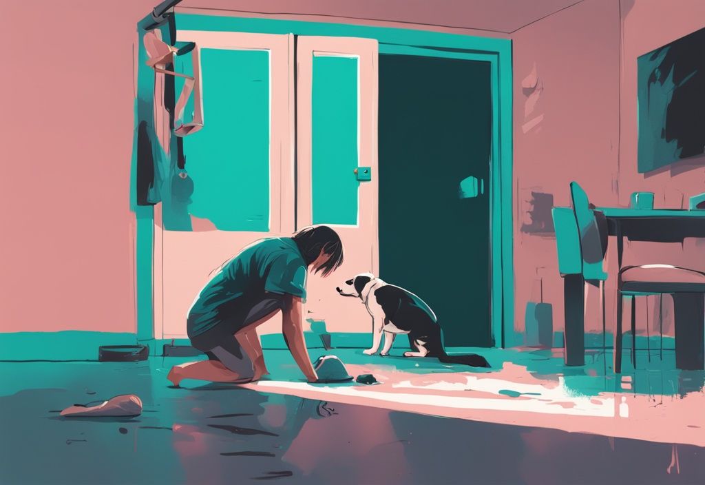 Modern digital painting of a concerned dog owner observing their pet's strange behaviors, including digging on an empty floor, barking at a wall, and spinning, illustrating the question: why is my dog acting weird.