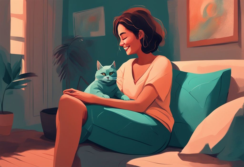 Teal-themed digital painting of a cozy cat in a person's lap in a warmly lit room