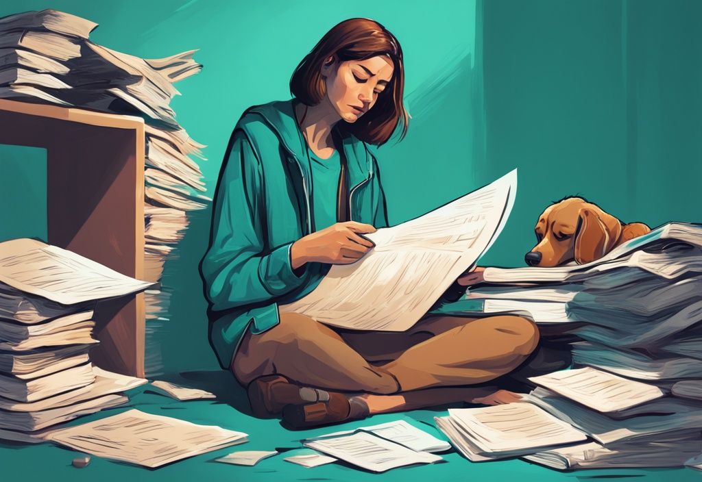 Worried dog owner reading law documents about how many times can a dog bite before being put down, with a calm dog resting nearby, modern digital painting in teal.