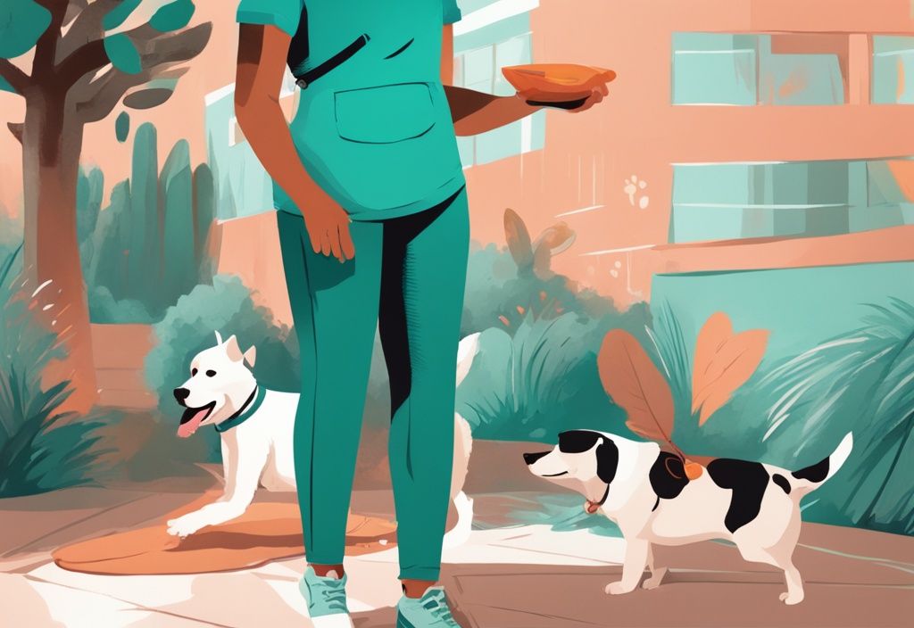 Pet owner using effective techniques like feeding routine and belly massage to encourage dog to poop quickly in outdoor setting, digital painting in teal theme.