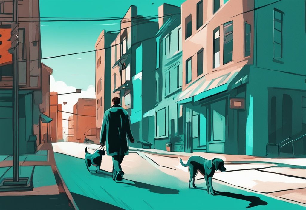 Digital painting of a dog owner curbing their dog on a city street, teal color theme