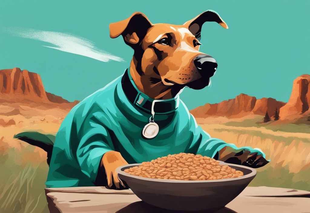 Modern digital painting of a dog at rustic ranch enjoying Badlands Ranch dog food, teal color theme.