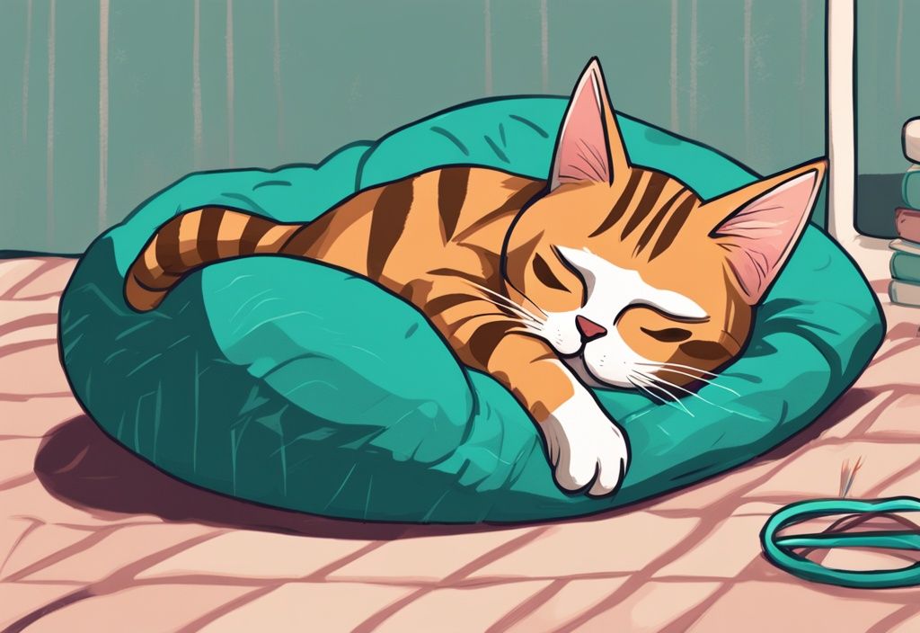 A digital painting of a tabby cat sighing on a teal-themed pillow, eyes half-closed, resting after a playful day.