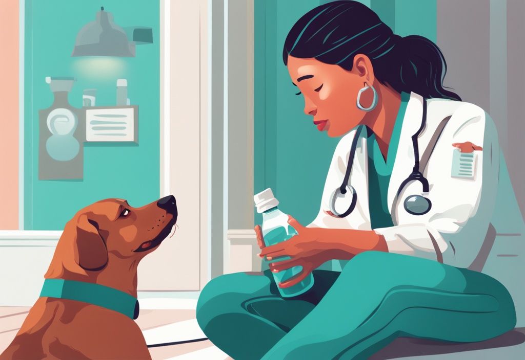 Teal-themed digital painting of a pet owner massaging dog's stomach, with dog-friendly laxative and vet consultation guideline in background.