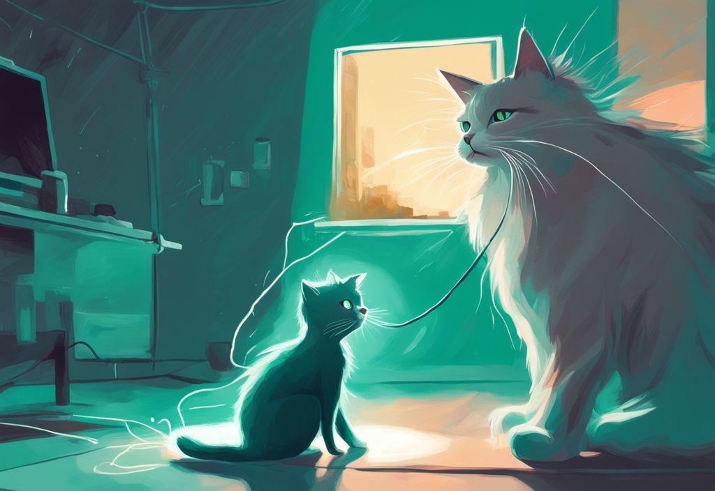 Teal-themed digital painting of a cat with static electricity hair and curious owner.