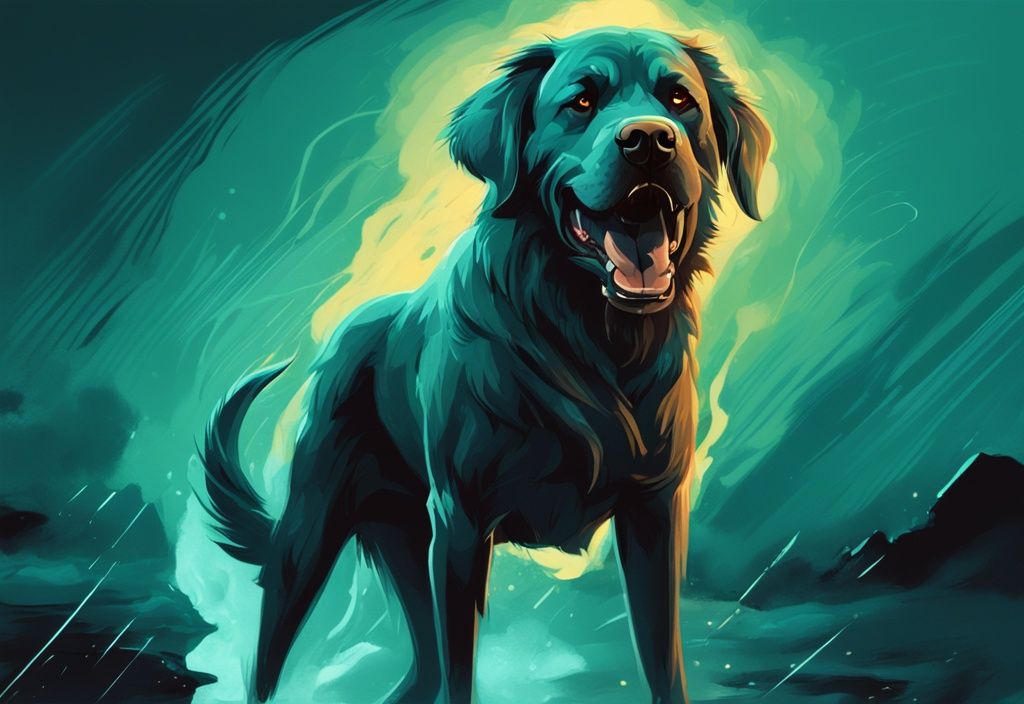 Teal-themed digital painting of a snarling large breed dog with glowing eyes against a stormy background.