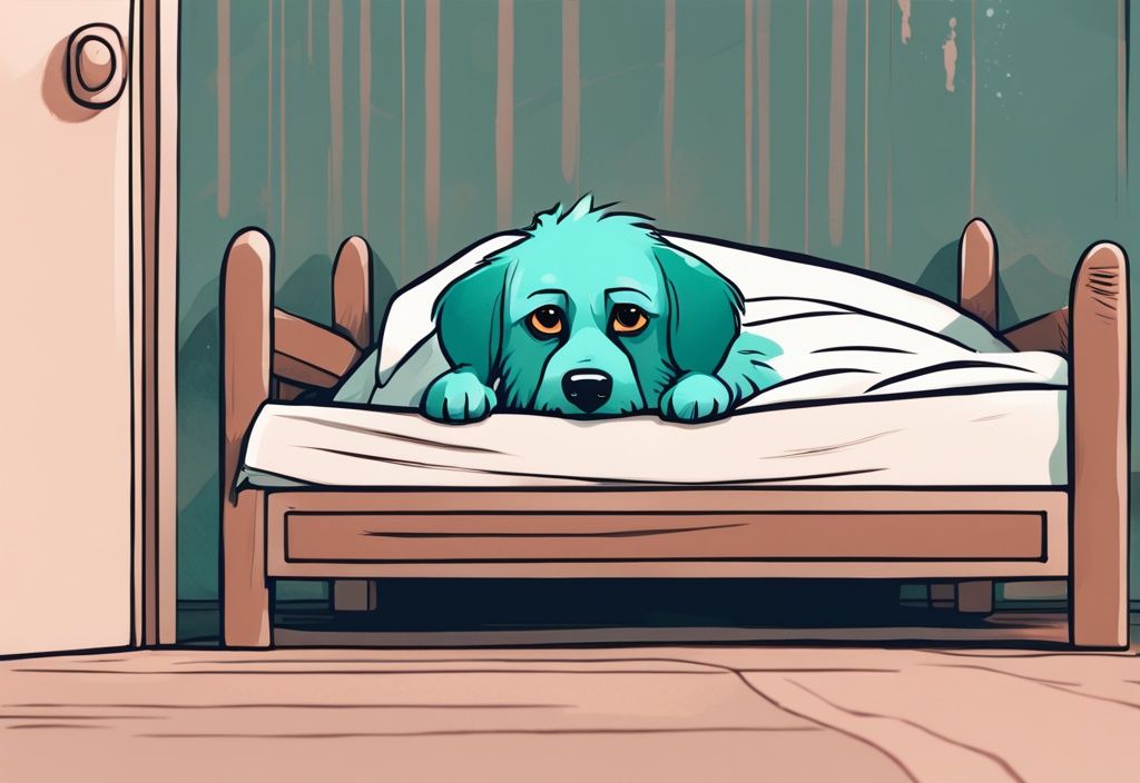 Nervous dog hiding under bed digital painting in teal tones, expressing anxiety.