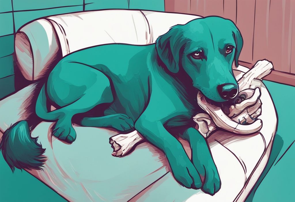 Modern digital painting of a playful dog gnawing on a bone while lying on a person's lap, teal color theme.