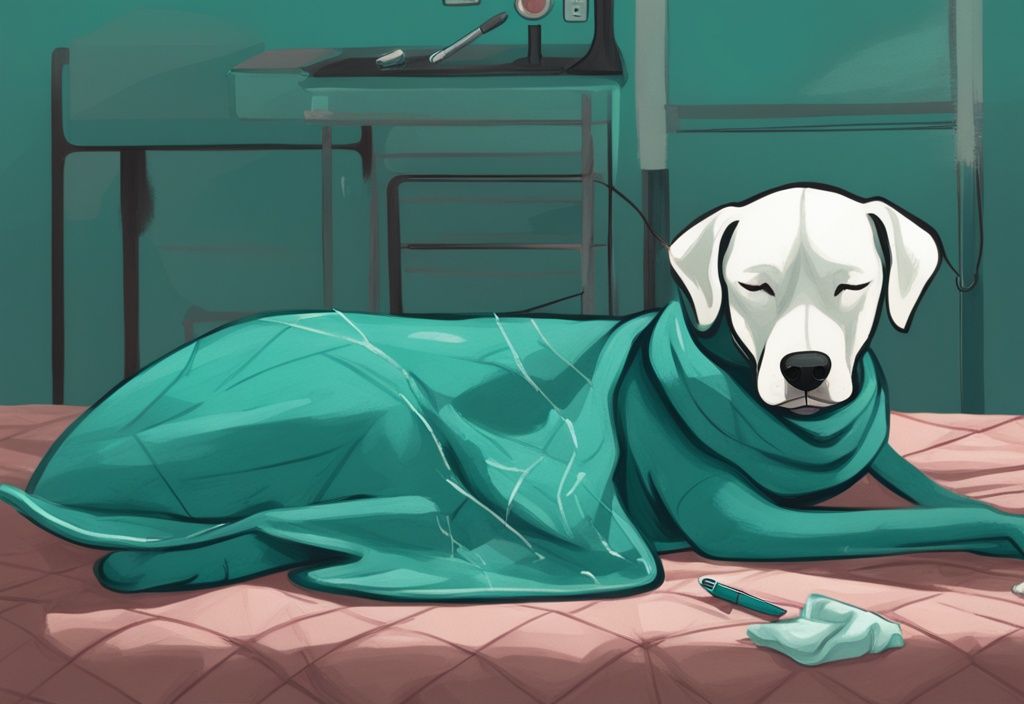 A digital painting of a dog recovering from FHO surgery, resting on a blanket with stitches on its hip, being gently examined by a caring vet, with a teal color theme.