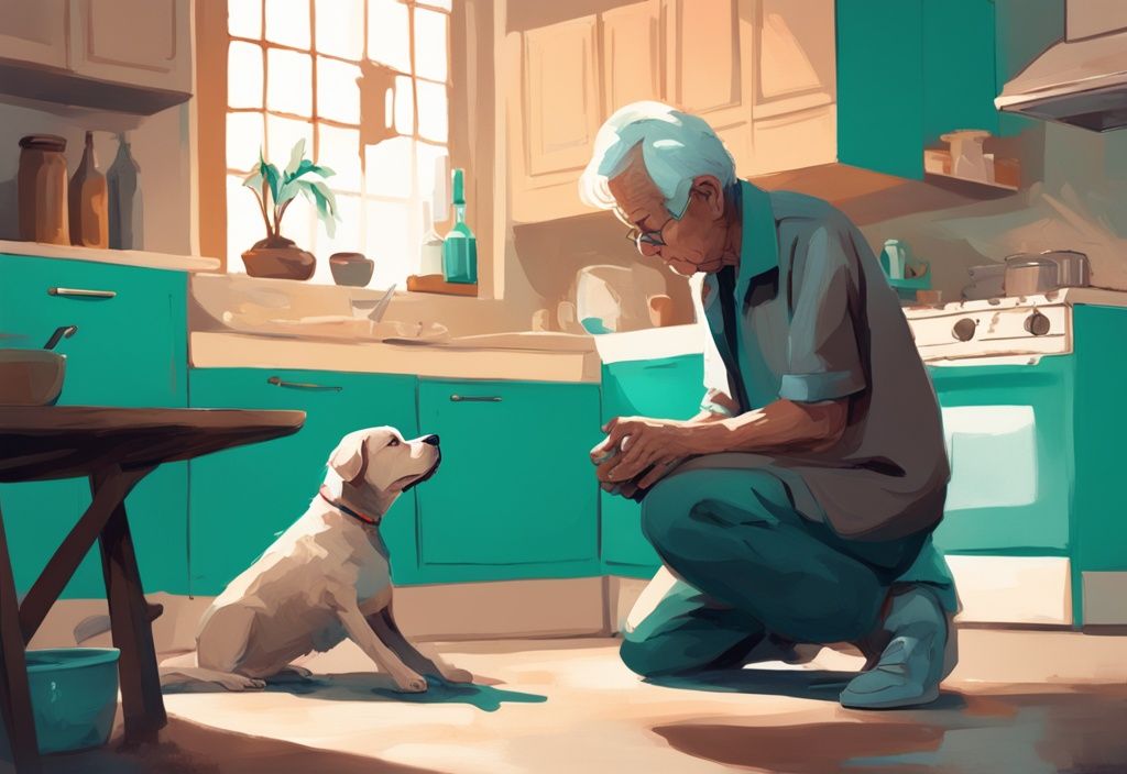 Elderly dog disinterested in full food bowl as concerned owner kneels beside, illustrating why is my senior dog not eating with a modern digital painting in teal.