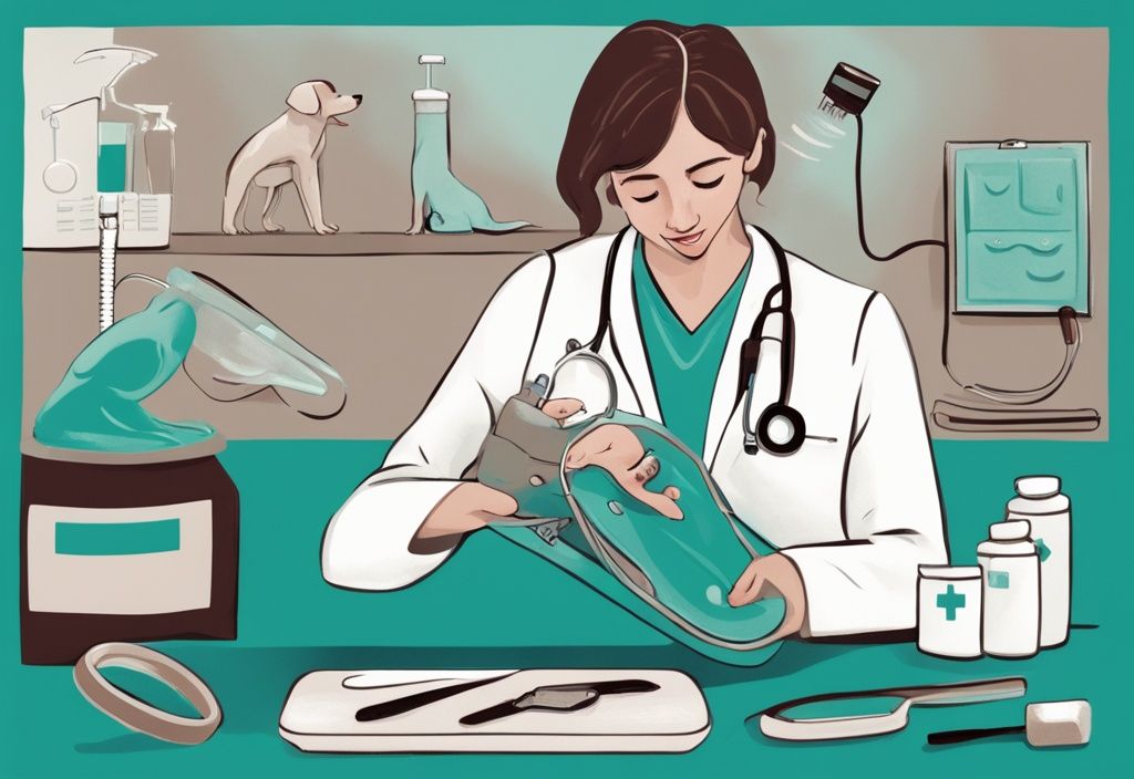 Illustration of veterinarian explaining dog urethral prolapse healing process with diagrams, featuring teal color theme, comfy pet bed, and first-aid kit for home care.