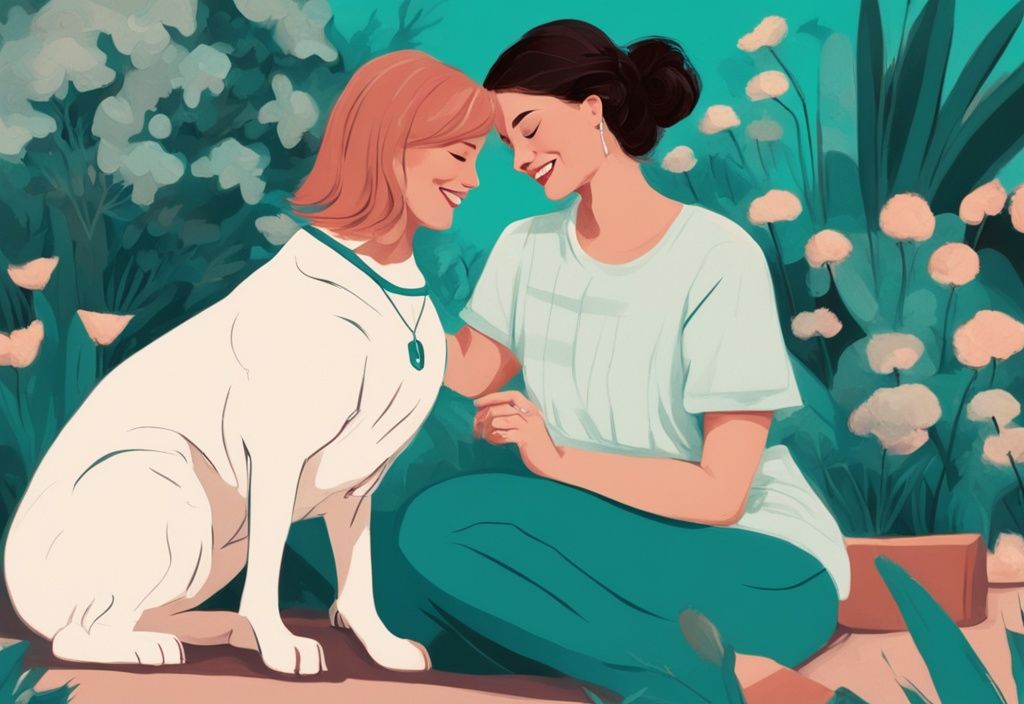 Modern digital painting of a woman joyfully cuddling her dog in a teal-themed garden, illustrating the theme "why do I love my dog so much" through their evident mutual trust and affection.