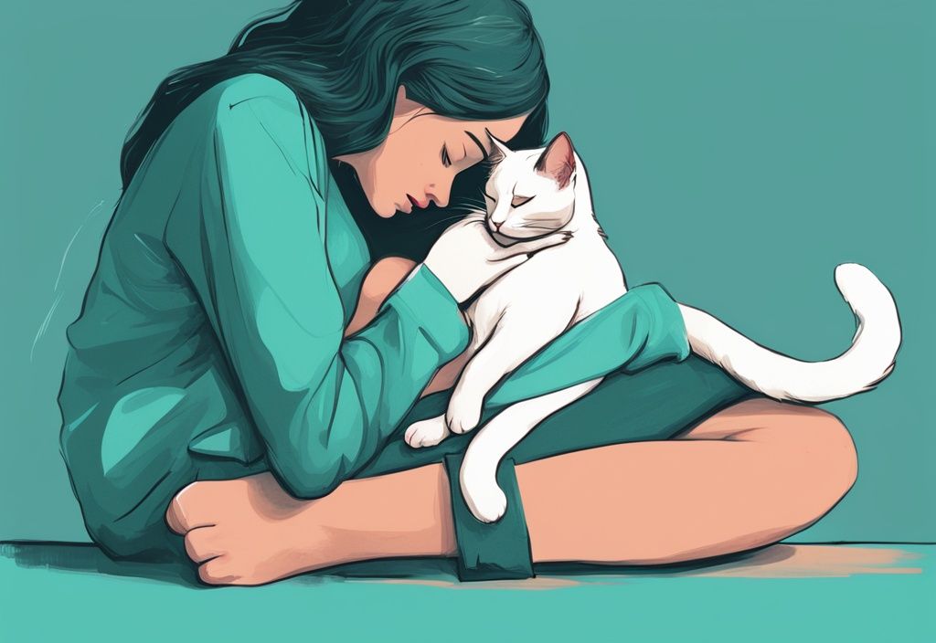 Modern digital painting of a teal-themed cat affectionately rubbing against a person's leg.