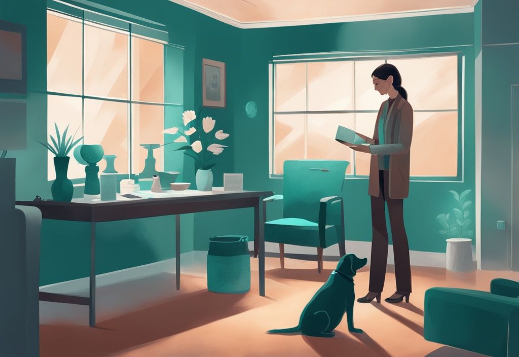 Modern digital painting of a veterinarian giving urn with paw prints to grieving dog owner in teal-themed office, representing pet cremation.