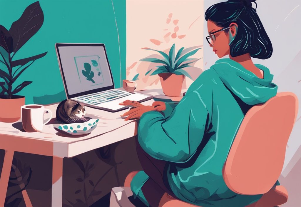 Digital painting of remote work scene with teal theme, person using laptop, cat on keyboard.