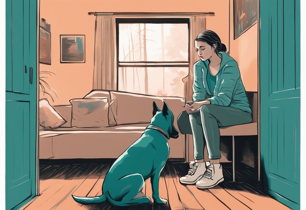 Teal-themed digital painting of a worried dog owner watching an anxious dog in a room corner.