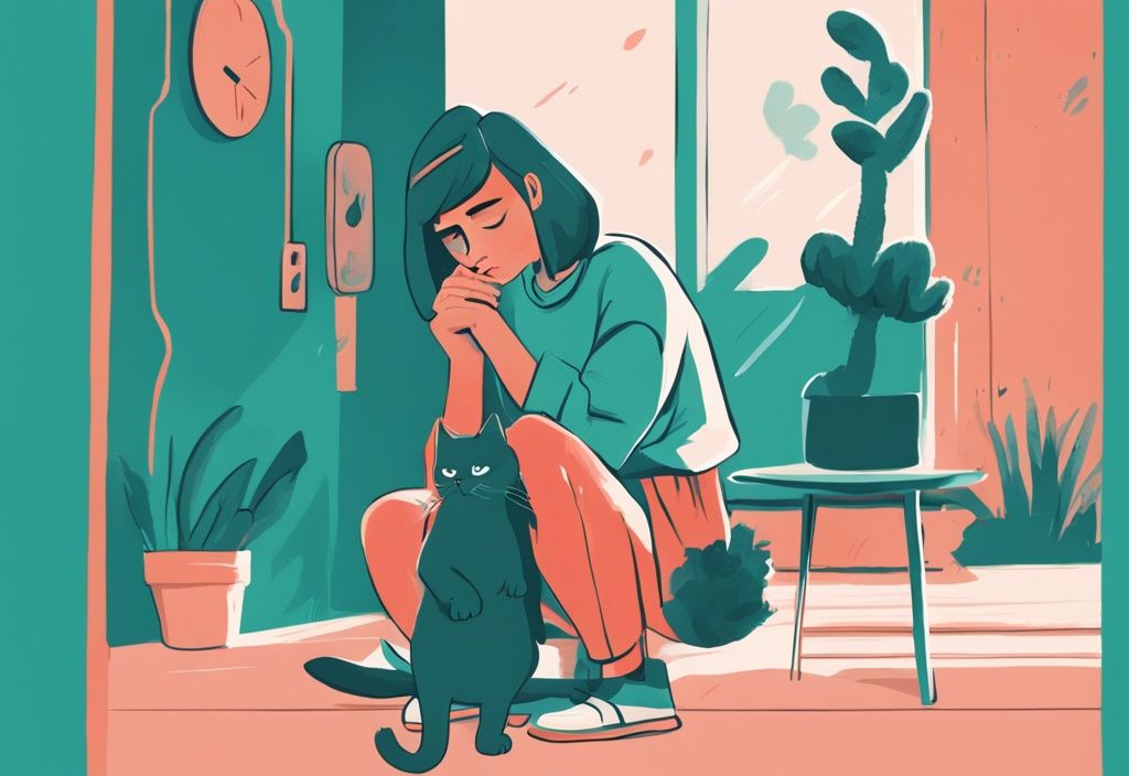 A modern digital painting of a worried cat owner holding a nervous cat with a question mark above their heads, illustrating the query "where can I declaw my cat for free" with a teal color theme.