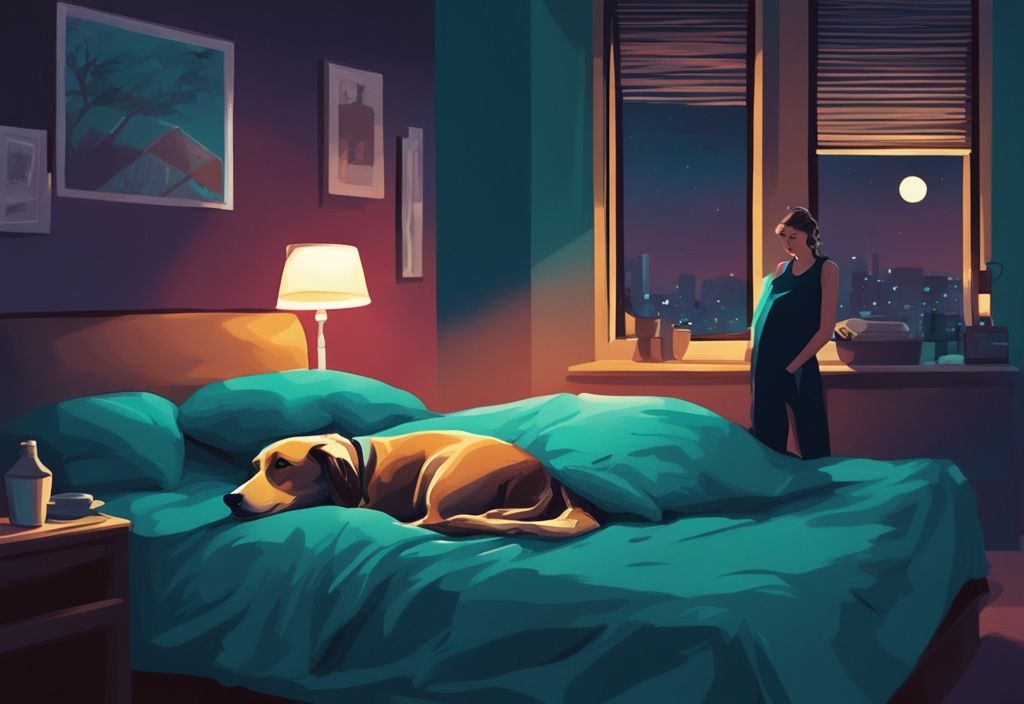 Teal-themed digital painting of a dog panting on a bed under a dim night light with a worried owner watching.