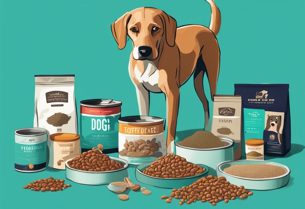 Teal-themed digital painting of a picky dog sniffing top-rated dry dog food brands.