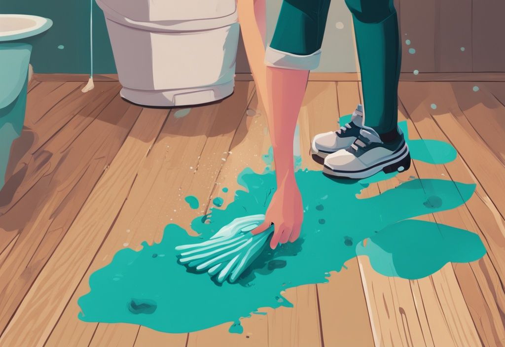 Person cleaning dog vomit from hardwood floor with teal-themed digital painting background.