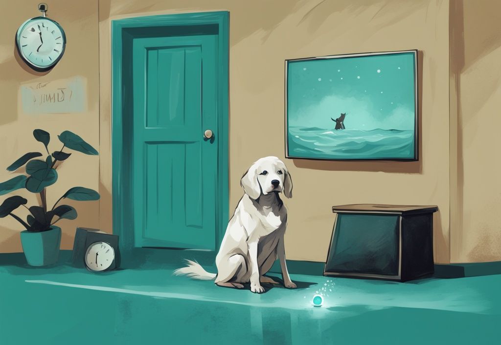 Teal-themed digital painting of a distressed dog in time-out with digital sand-clock.