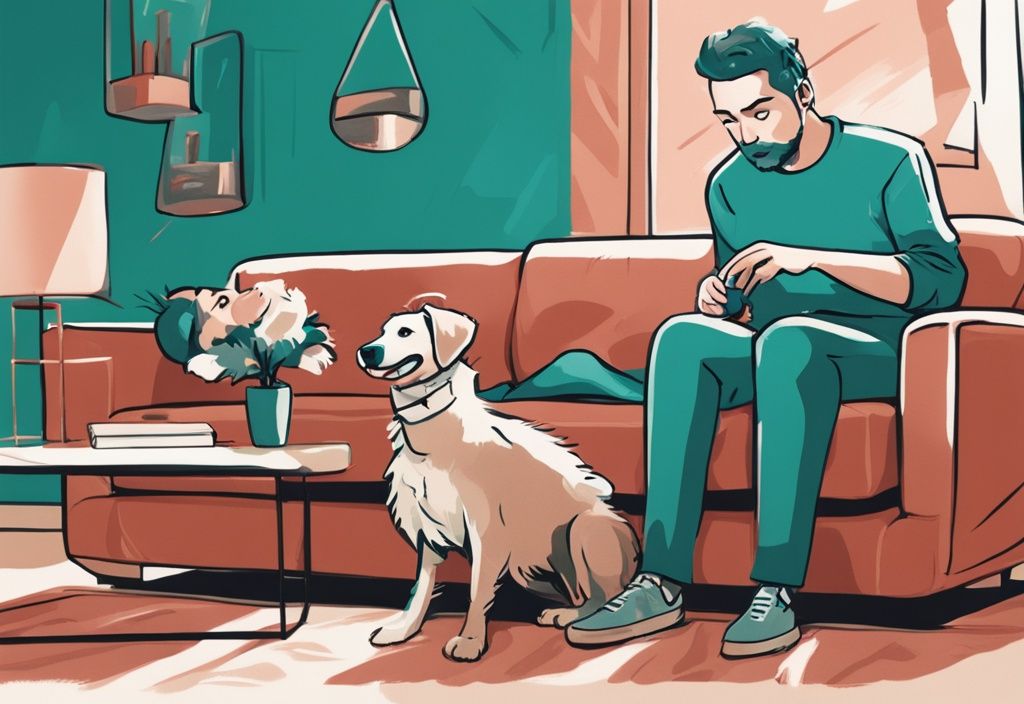 A perplexed pet owner on a couch watches as their delighted dog energetically licks the couch fabric, illustrating the question: why does my dog lick the couch, in a modern digital painting with a teal color theme.