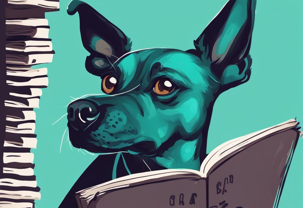 Modern digital painting of a dog chewing a "Canine IQ" book with perplexed owner in teal theme.