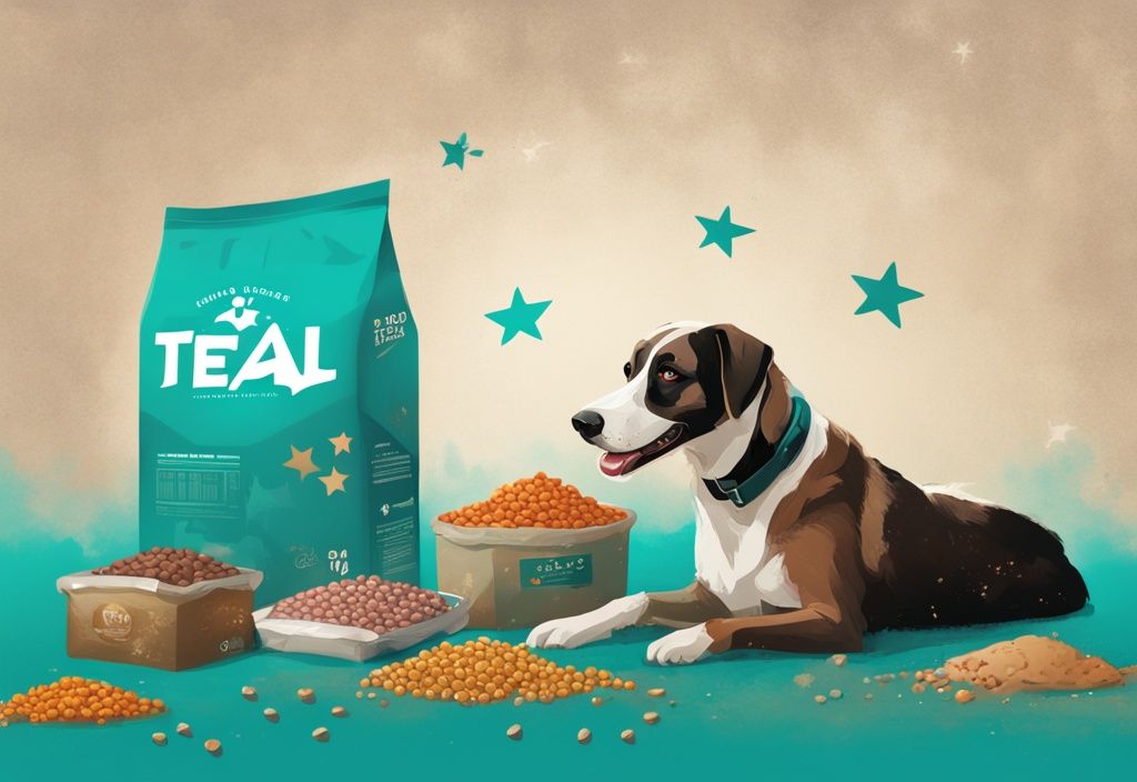 Modern digital painting of a cheerful dog with Open Farm dog food packages, teal color theme, star rating overlay.