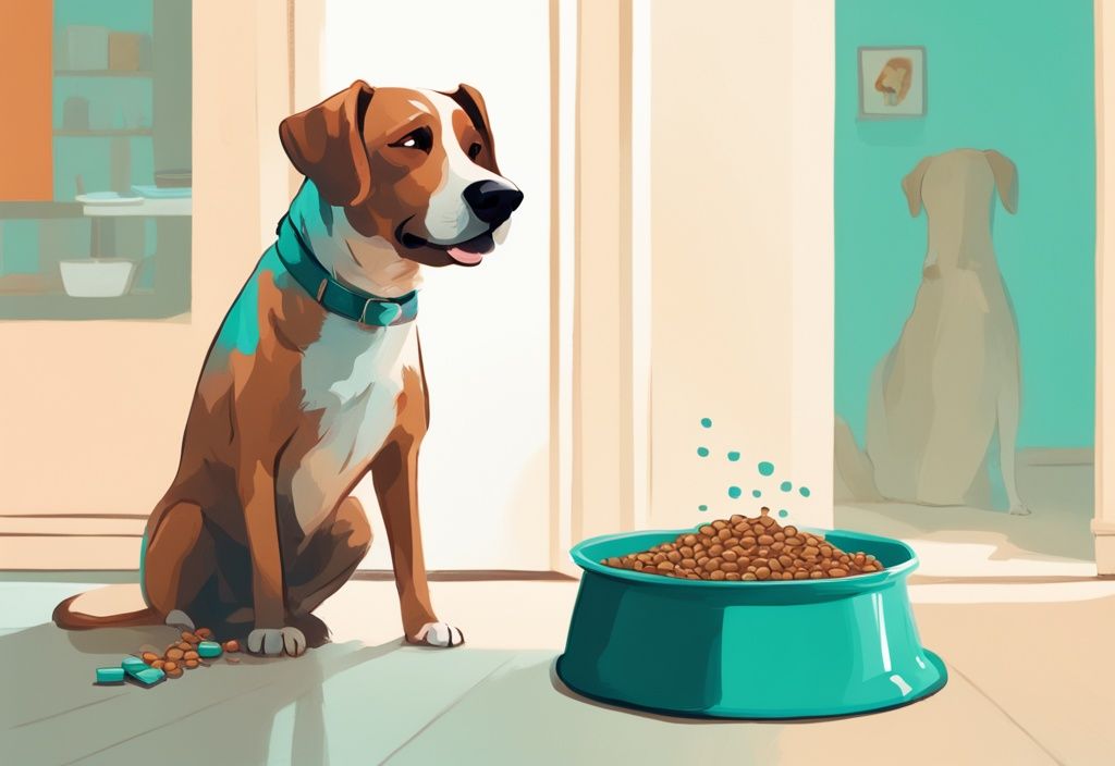 Modern digital painting of a dog turning away from a bowl of food, eager for a treat, illustrating the question: why is my dog not eating his food but will eat treats, with a teal color theme.