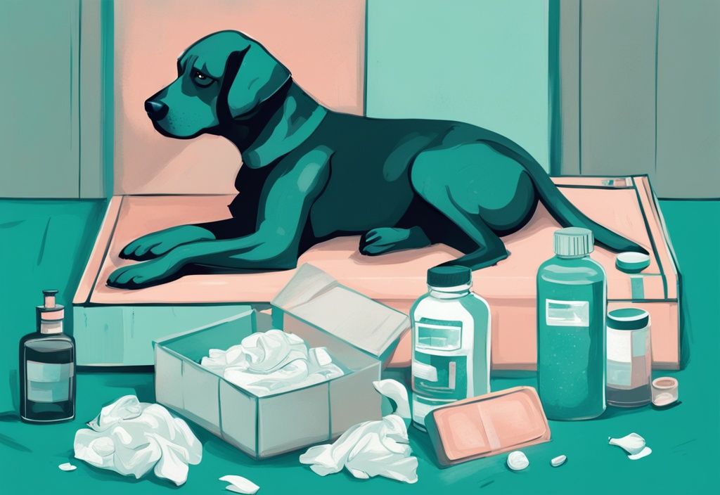 Modern digital painting of a teal-themed scene with a sad dog laying in a cozy setting, surrounded by tissues, medicine bottle, and caring human hands.