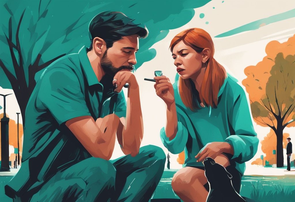 Two dog owners in a park discussing what happens if my dog bites another dog, with one dog showing signs of a recent bite, digital painting in teal theme.