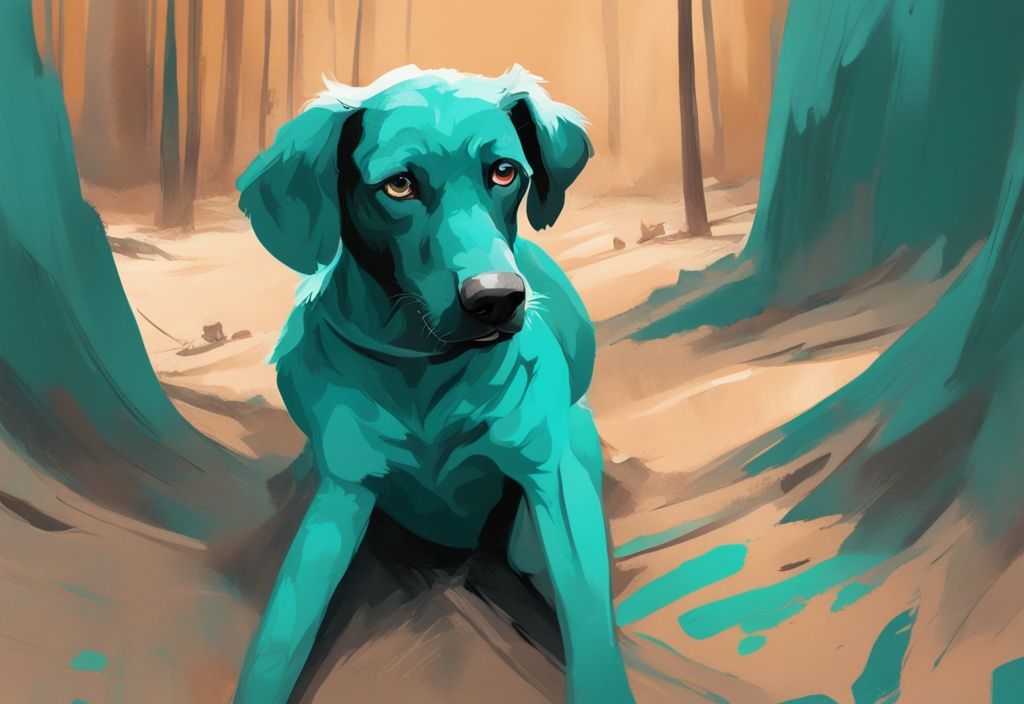 Modern digital painting of a healthy dog with bright eyes in a dry heave, teal color theme.