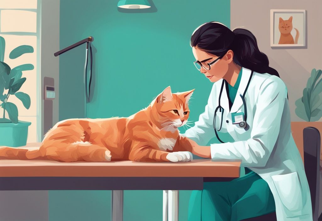 Modern digital painting of a teal-themed veterinary scene with a calm cat on a vet table and a professional vet comforting it.