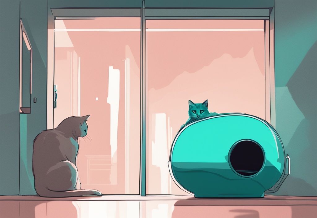 Curious cat exploring modern teal-themed litter robot with human guidance in digital painting illustration.