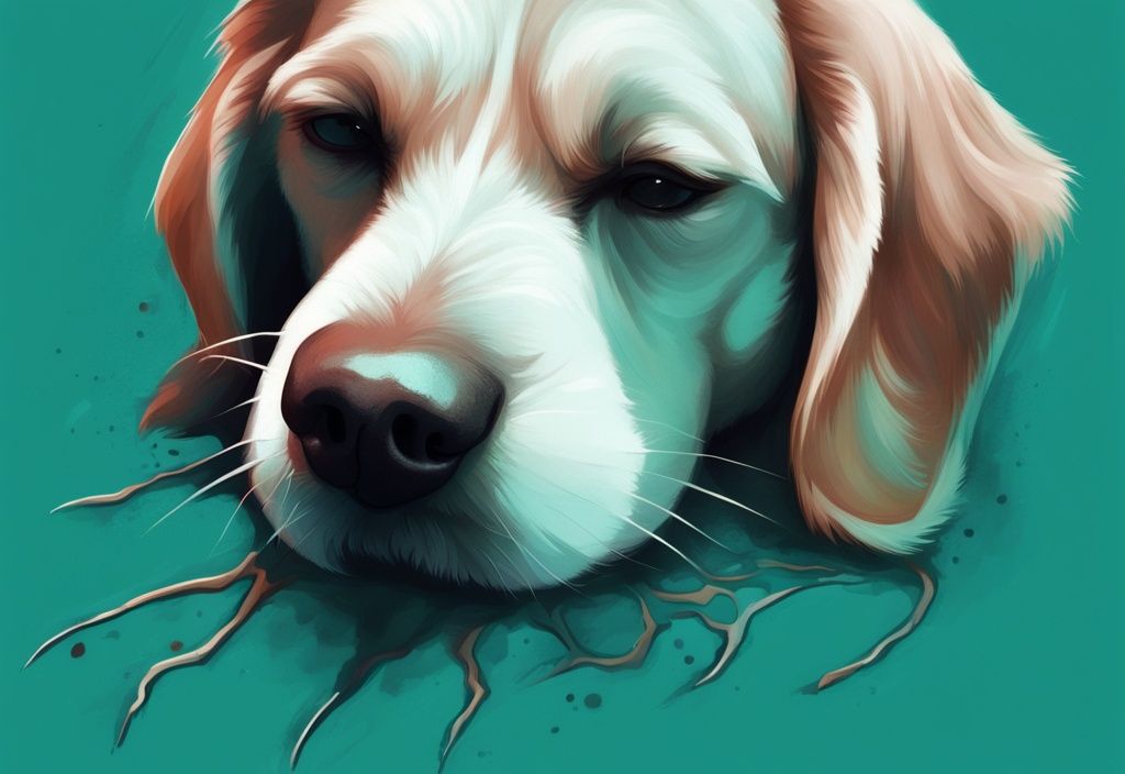 Close-up digital painting of a dog's skin with an embedded tick, showing slight inflammation, illustrating what does an embedded tick look like on a dog, with a teal color theme.