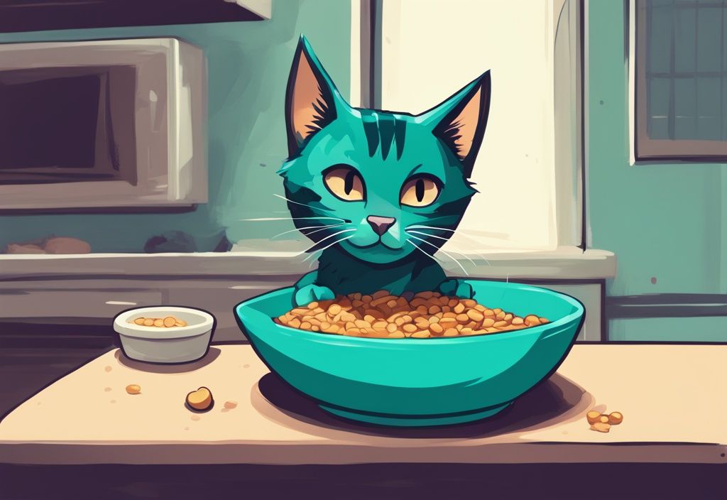 Modern digital painting of a teal-themed cat mid-meow at a kibble-filled bowl with a curious expression