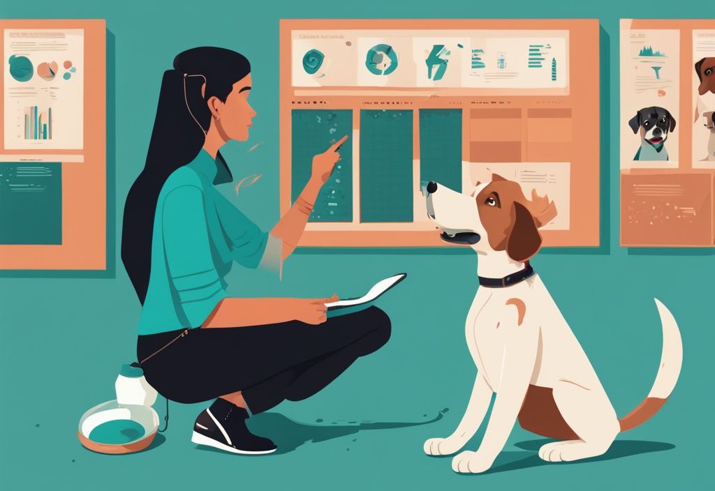 Modern digital painting of a dog trainer explaining dog behavior to an audience, featuring a teal color theme and a chart on dog bite frequency and legal implications in the background.