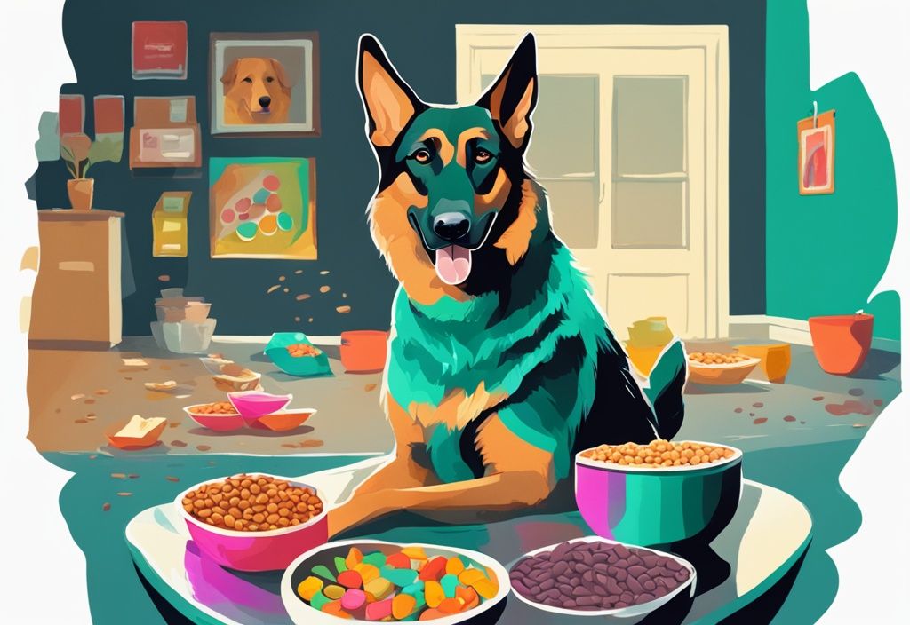 Modern digital painting of a German Shepherd eating nutritious dog food with branded packets in the background, teal color theme.