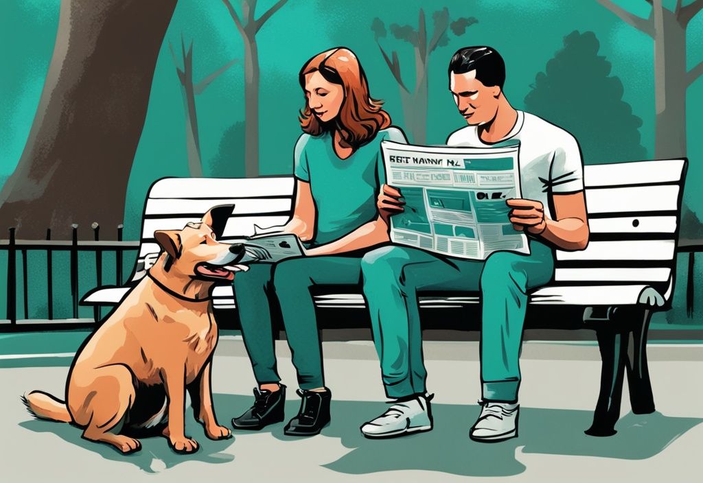 Modern digital painting of a teal-themed park scene with a dog and human humorously reading a newspaper together on a bench.