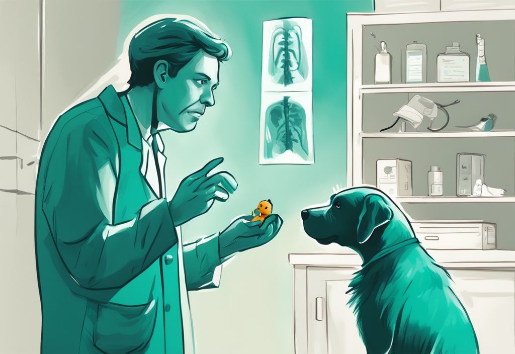 Worried dog owner holding chewed toy, veterinarian pointing at X-ray showing intestinal blockage, teal-themed digital painting illustration.