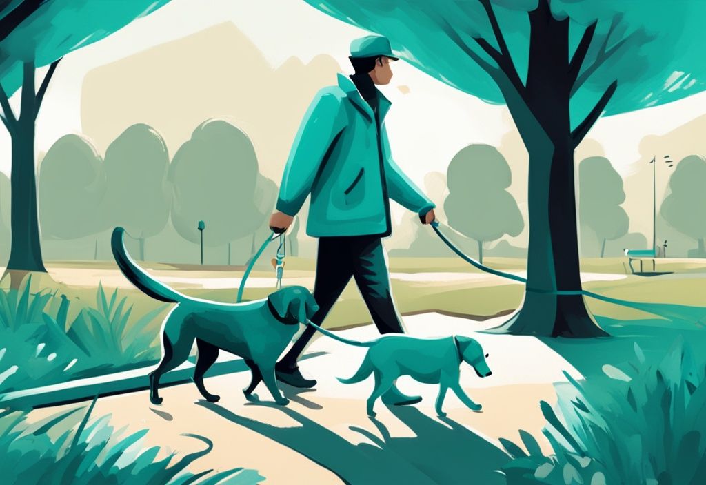 Modern digital painting of a person walking a dog on a leash in a park, with the dog in a pooping position, illustrating how to make a dog poop quickly, featuring a teal color theme.