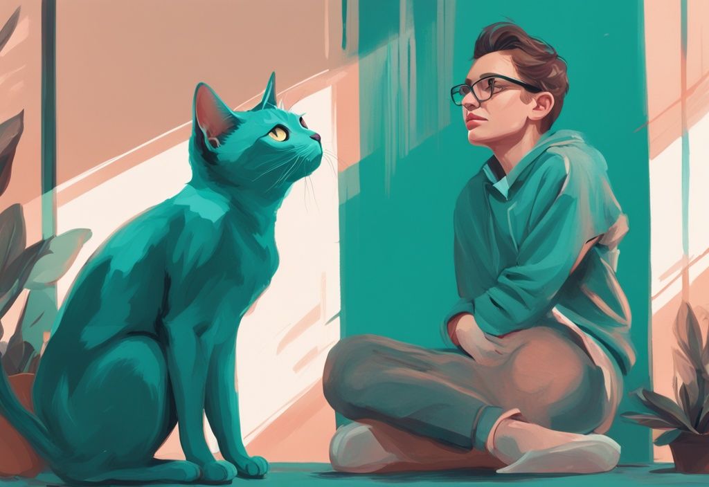 Modern digital painting of a surprised owner looking over shoulder at a cat jumping on their back, teal color theme.