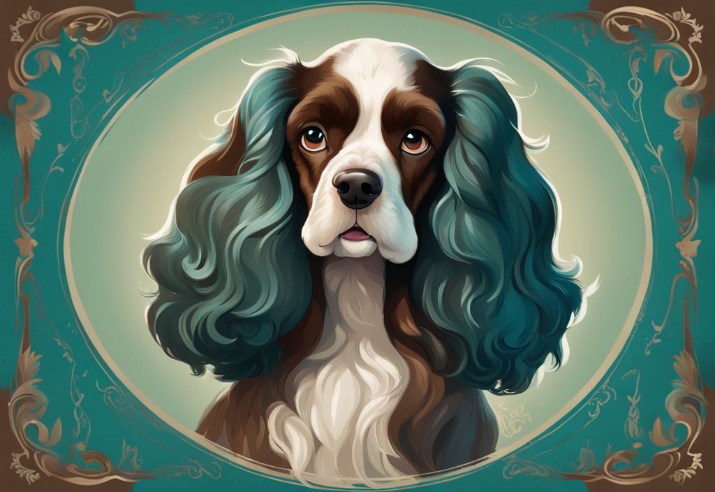 Digital painting of Lady, the American Cocker Spaniel from Disney's "Lady and the Tramp," featuring teal color theme, silky ears, brown eyes, and a rusty-colored coat.